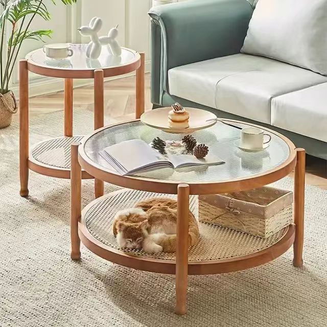Round Glass Top Rattan Coffee Table – Modern Two-Tier Wooden Living Room Center Table with Cane Shelf